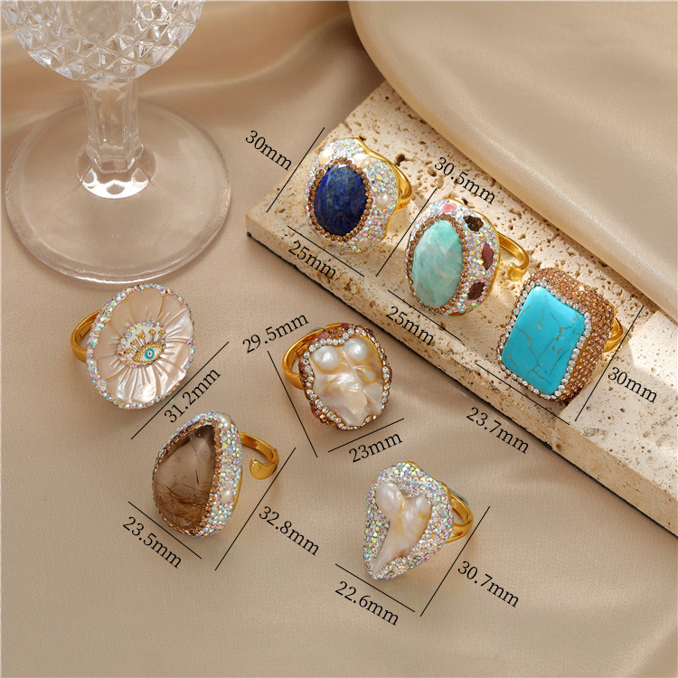 Retro Geometric Copper Plating Natural Stone Pearl Shell Open Ring