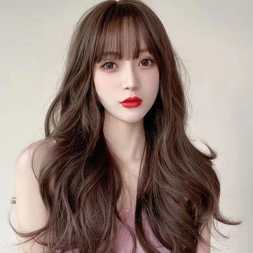 Wig for women with long curly hair, full head, realistic, natural, fashionable, big wave, Internet celebrity, air bangs, face-shaping wig set