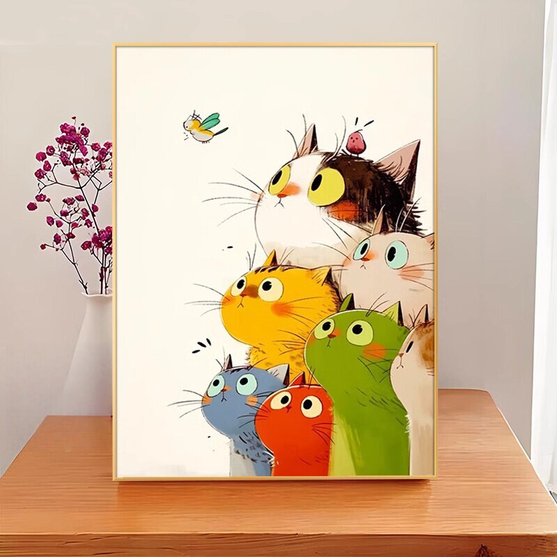 Dopamine Living Room Cat Decorative Painting Ornament Cartoon Cute Children's Room Wall Art Girl's Bedroom Bedside Mural