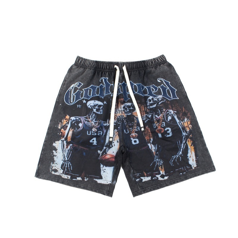 2026 Cross-Border Wholesale American-Style Skull Basketball Team Print Washed Vintage Loose Sports Shorts Five-Point Pants 2026 Cross-Border Wholesale American-Style Skull Basketball Team Print Washed Vintage Loose Sports Shorts Five-Point Pants