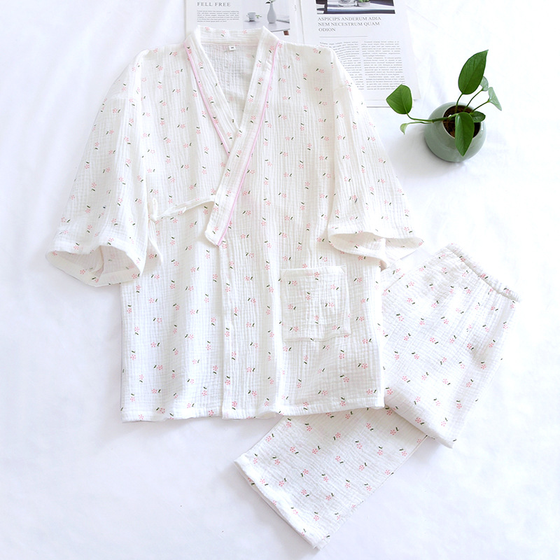 ZHY白地小花-クレープ着物ロングスリーブ