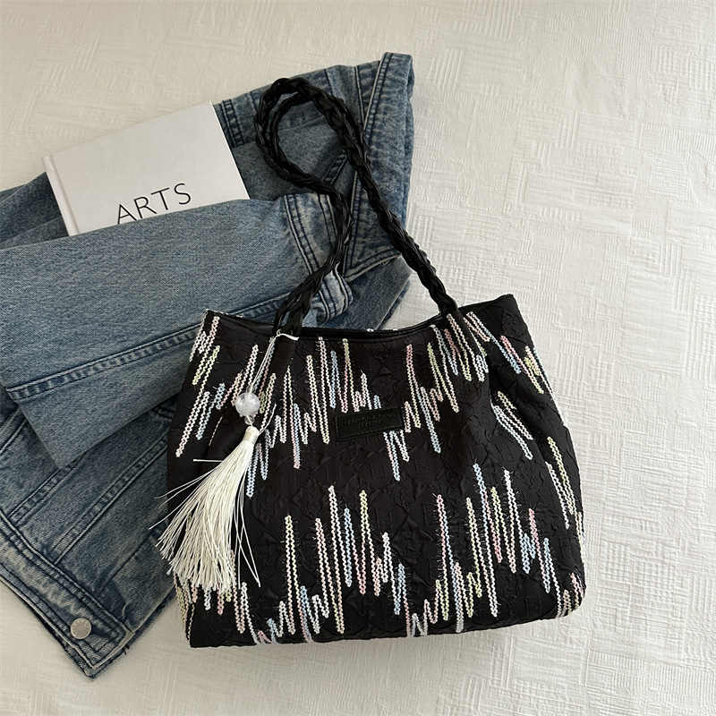 Bolsa de lona bordada a rayas de gran capacidad para mujeres 2024, nueva bolsa de hombro para estudiantes universitarios de clase