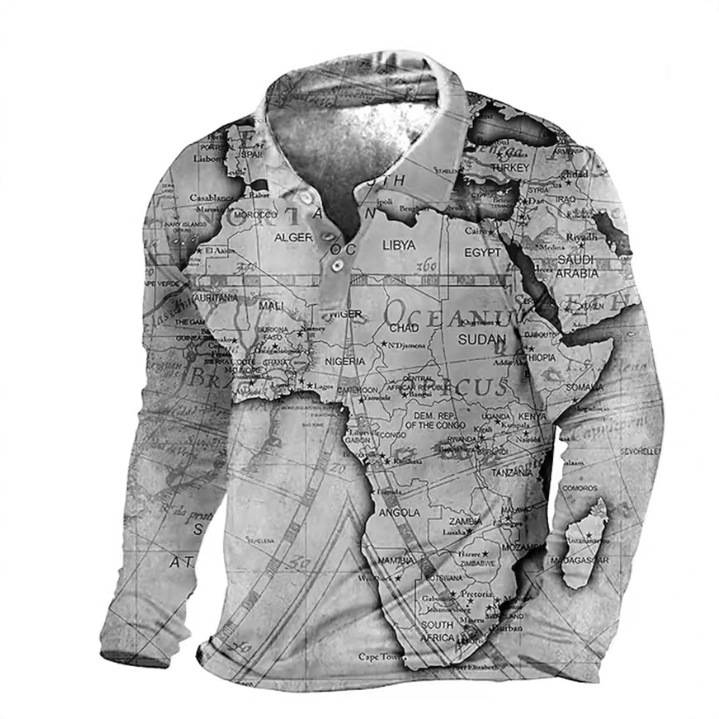 Classic Retro Latitude and Longitude Map 3D Printed Men's Street Loose Right Shoulder Breathable Button Collar Long-Sleeved Polo Shirt Classic Retro Latitude and Longitude Map 3D Printed Men's Street Loose Right Shoulder Breathable Button Collar Long-Sleeved Polo Shirt