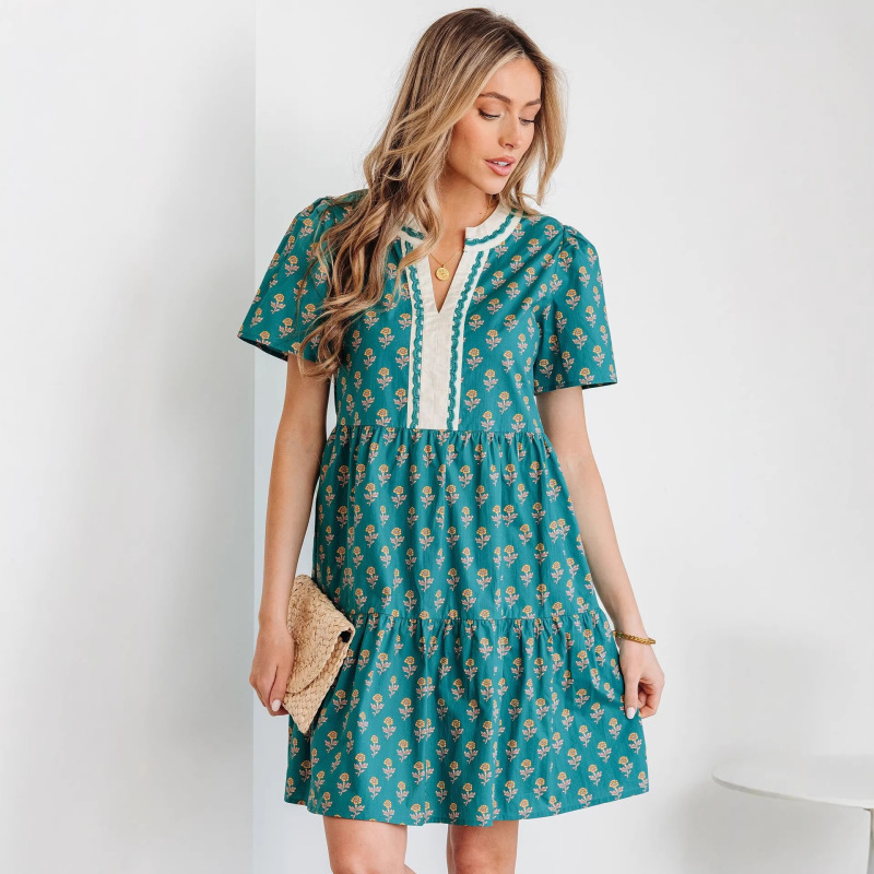 Shiying Cross-Border European and American Style Summer New V-Neck Floral Sweet Patchwork Fresh Fashion Short-Sleeve Printed Dress Shiying Cross-Border European and American Style Summer New V-Neck Floral Sweet Patchwork Fresh Fashion Short-Sleeve Printed Dress