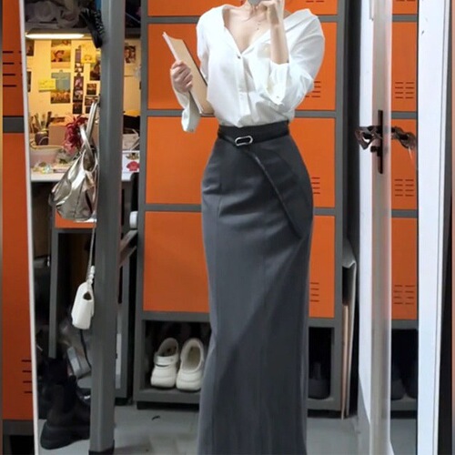 Women's Spring Fashion Casual High-End V-Neck Long Sleeve Shirt Commute White, Stylish and Versatile Half Body Dress, Plus-Size Mature Woman Set