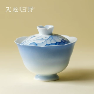 入野归松精致手绘高足花口二才盖碗家用创意陶瓷泡茶碗功夫敬茶碗