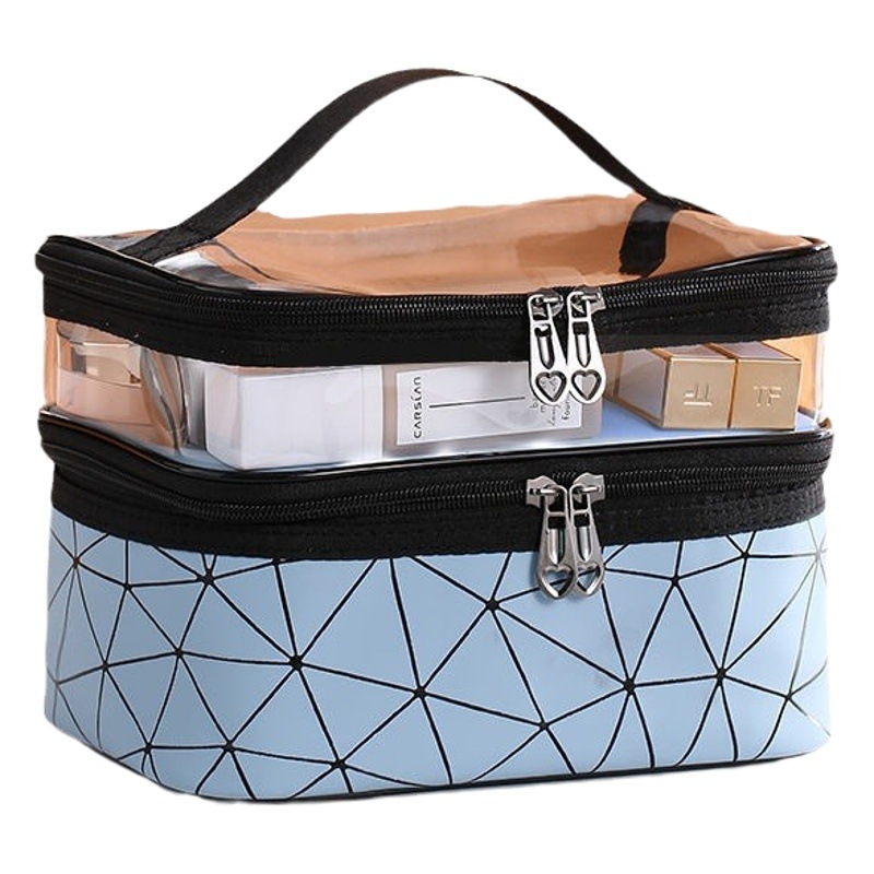 Nueva caja de bolsa de cosméticos de doble capa a cuadros artista de maquillaje de mujer portátil multifunción de almacenamiento lavado de maquillaje en stock al por mayor
