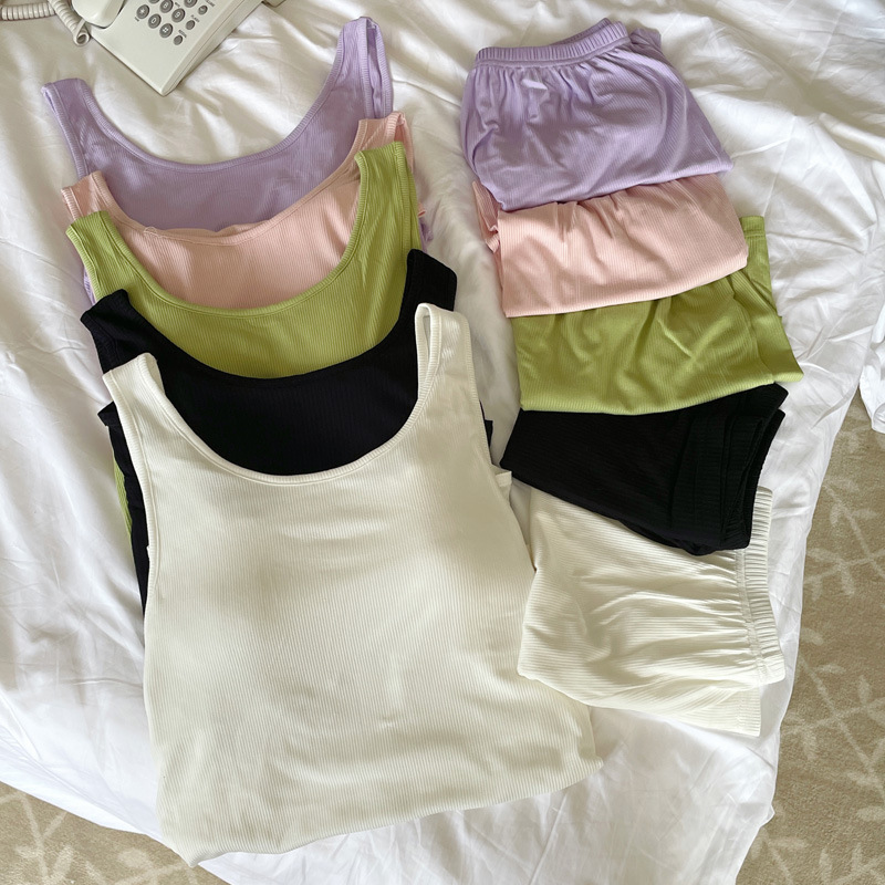 Modal Vest Shorts Pajamas - Chest Padded, Two-piece Set, Solid Color, Anti-light Women’s Loungewear_voghion.com