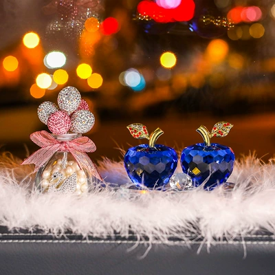 crystal apple perfume seat car, Car ornaments - blue-apple-diamond-pink-balloon-perfume-holder-big-feather