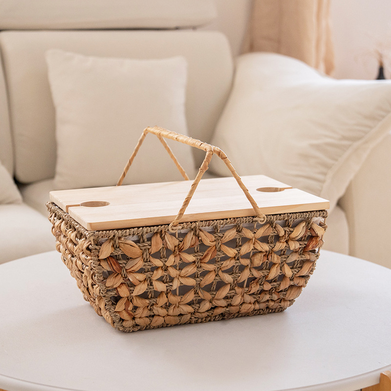 跨境户外食物保温置物收纳篮海草编织手提收纳筐带手柄木盖野餐篮