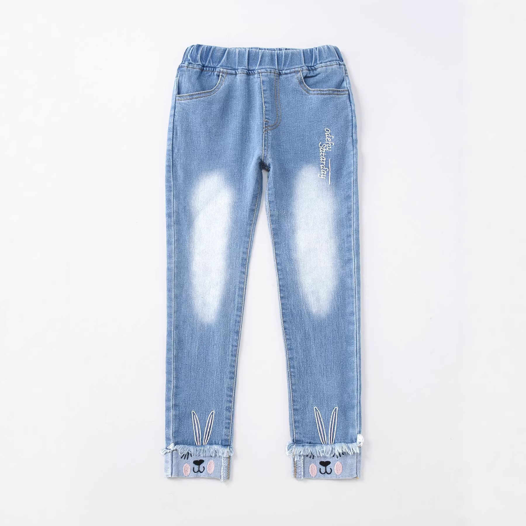 Эластичные мультяшные джинсы, осенние штаны, детская одежда, в обтяжку, с вышивкой, подходит для подростков