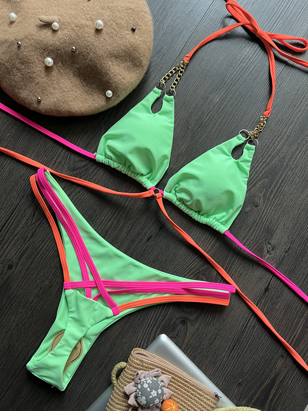 2023 neuer sexy rückenfreier Split-Badeanzug mit Kette aus Nylon-Patchwork-Bikini_voghion.com