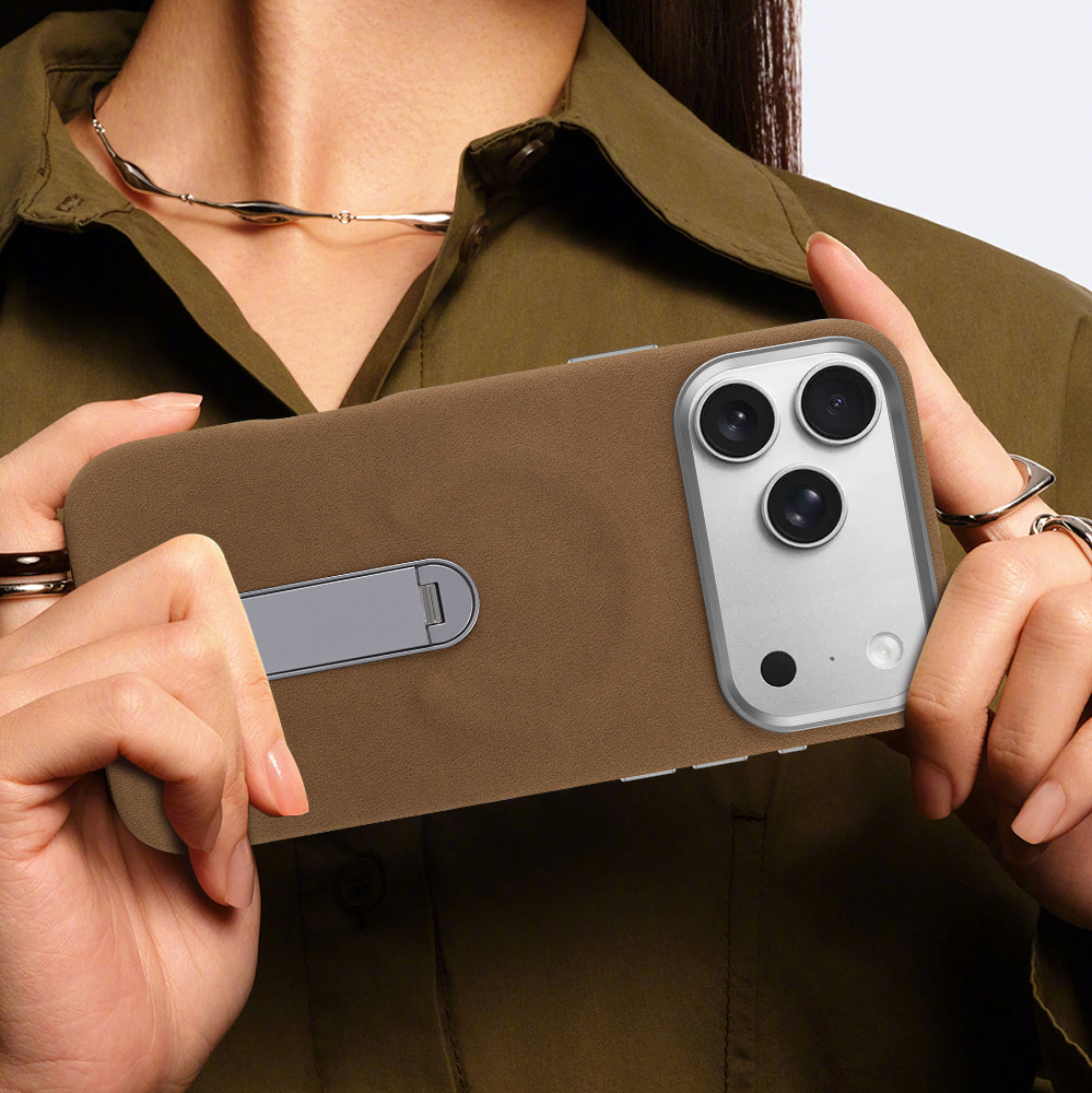 Ốp lưng iPhone 16/17 Pro da lộn từ tính có chân đứng ẩn — màu đen, nâu, màu xám, Kaki chi tiết 10