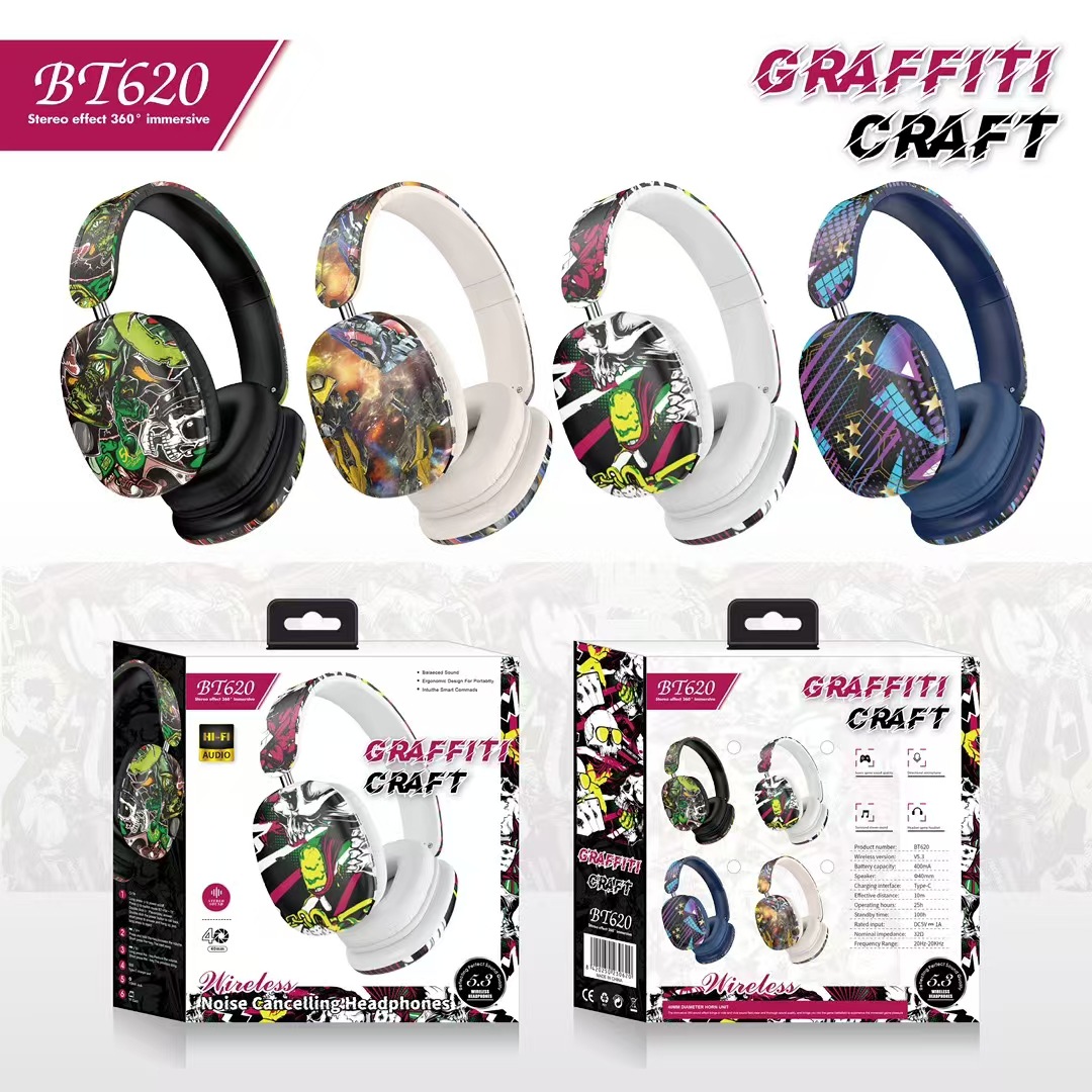 Comercio exterior transfronterizo BT620 graffiti auriculares Bluetooth 5.3 tarjeta retráctil plegable auriculares deportivos universales image 1