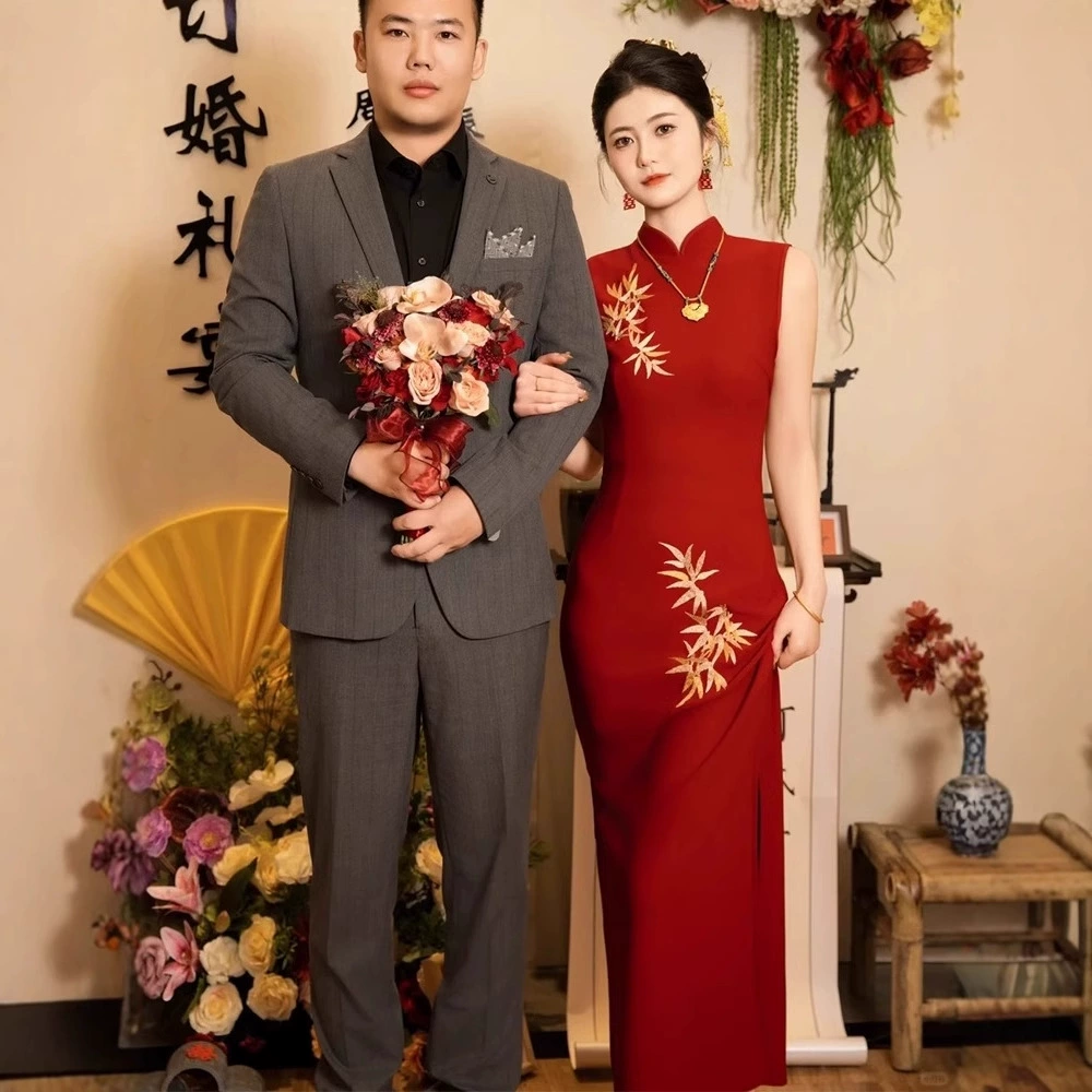 Summer evening dress for bride, long cheongsam, elegant skirt, fitted