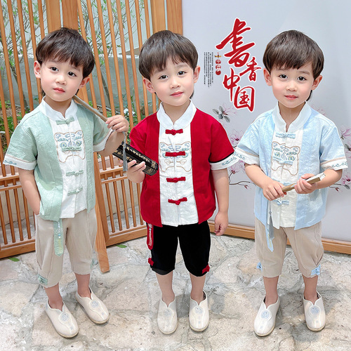 Children's Tang suit boys Chinese style new short-sleeved young master suit girls cotton and linen Hanfu 61 performance clothes wholesale