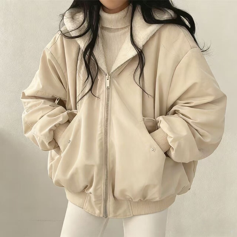 Fleece-Lined and Thickened Reversible Lamb Wool Cotton Jacket for Women, New Autumn and Winter Style, Zip-Up Hooded Cotton Coat, Warm Fleece-Lined and Thickened Reversible Lamb Wool Cotton Jacket for Women, New Autumn and Winter Style, Zip-Up Hooded Cotton Coat, Warm