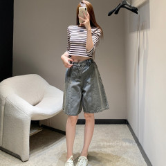 アーミーグリーン ハイウエスト デニム ミッドパンツ レトロ ニュートラル スタイル ゆったり 万能 ワイドレッグ 5分丈パンツ 夏 ZK62551