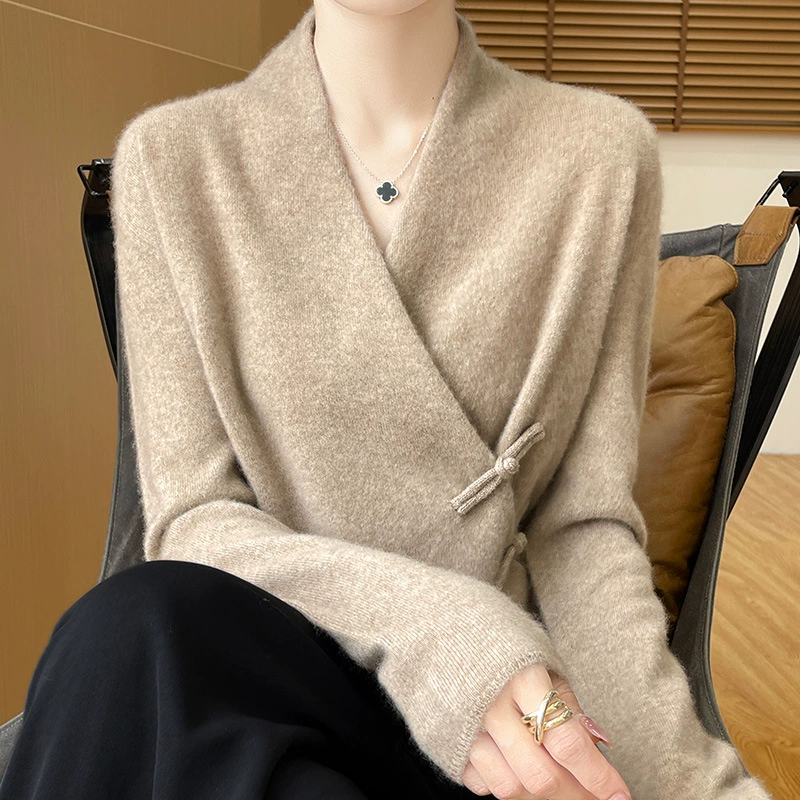 Новый осенне-зимний свитер из 100% чистой шерсти с перекрестным воротником, элегантной застежкой на пуговицы, длинными рукавами, вязаный кашемировый свитер-базовый слой.