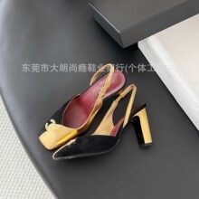 莞产高定26夏季新款方头浅口法式高跟鞋女后绊带侧空粗跟凉鞋外贸