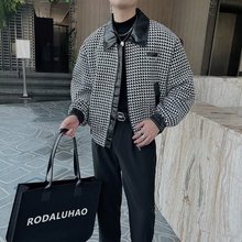 秋冬季设计感格子夹克男装秋季新款潮牌拼皮翻领宽松痞帅休闲外套
