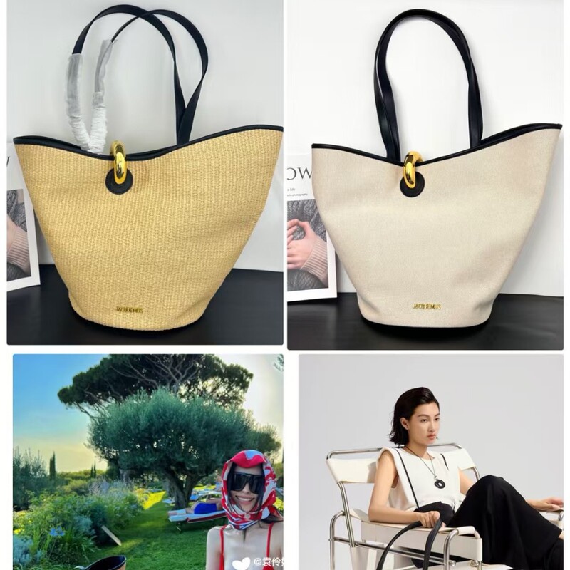Jacquemus Classic Raffia Woven Large-Capacity Bucket Bag Shoulder Crossbody Bag Lock-Tote Handbag Jacquemus Classic Raffia Woven Large-Capacity Bucket Bag Shoulder Crossbody Bag Lock-Tote Handbag