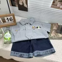 Сугу с корейским мальчиком летом новый полосатый мультфильм милый принт с лацканом с короткими рукавами детская повседневная рубашка