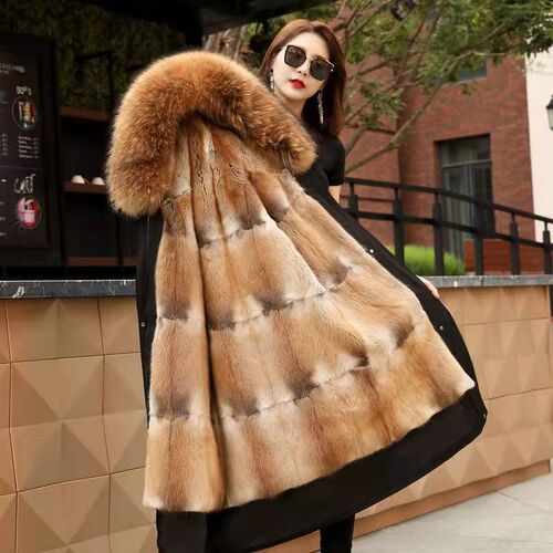Parker clothes, women's imitation fur, mink fur, inner liner, raccoon fur collar, detachable medium and long over-the-knee coat, thickened outer