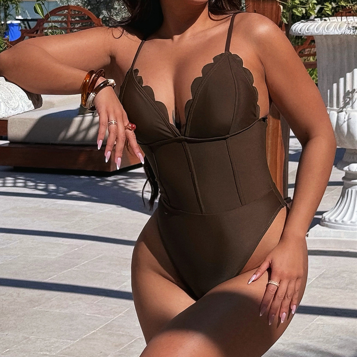 Sleek Coffee Brown One-Piece Swimsuit With Deep V-Neck & Adjustable Ties – Sexy High-Cut Design, Soft Nylon Blend (S/M/L)_voghion.com