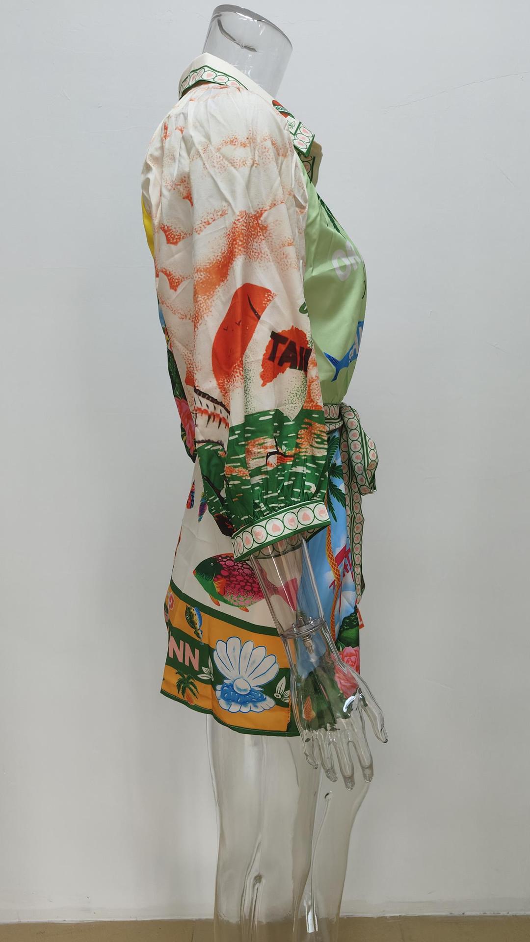 Women Clothing Casual Printing Shirt Cardigan 3/4 Sleeve Office Dress