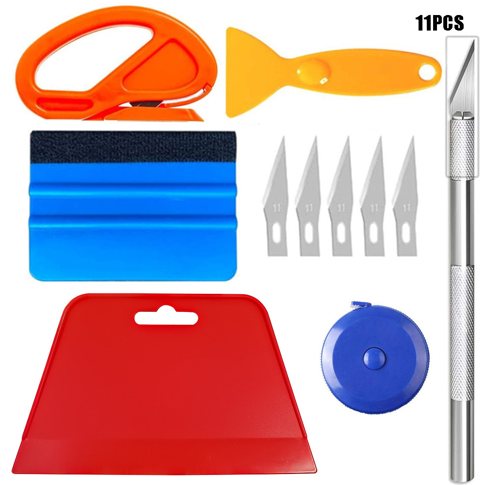 跨境11件套汽车贴膜工具套件红色梯形刮刀刻刀密封塑料刮刀卷尺
