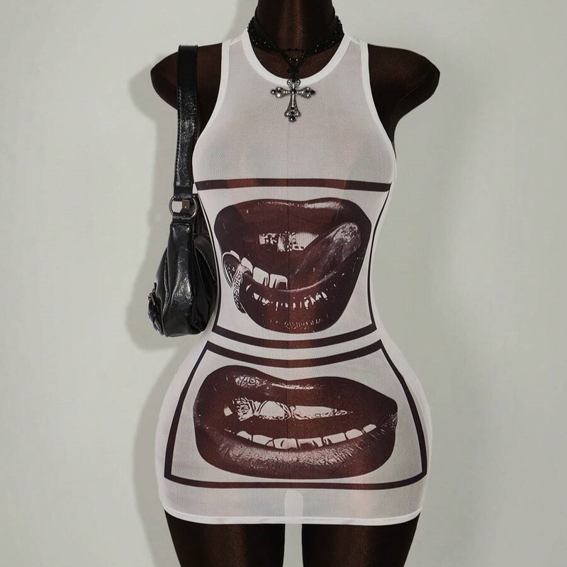 Cross-Border European and American Style Personalized Printed Sleeveless Dress, Summer Women's Design, See-Through, Slim-Fitting, Slimming Beach Vacation Dress Cross-Border European and American Style Personalized Printed Sleeveless Dress, Summer Women's Design, See-Through, Slim-Fitting, Slimming Beach Vacation Dress