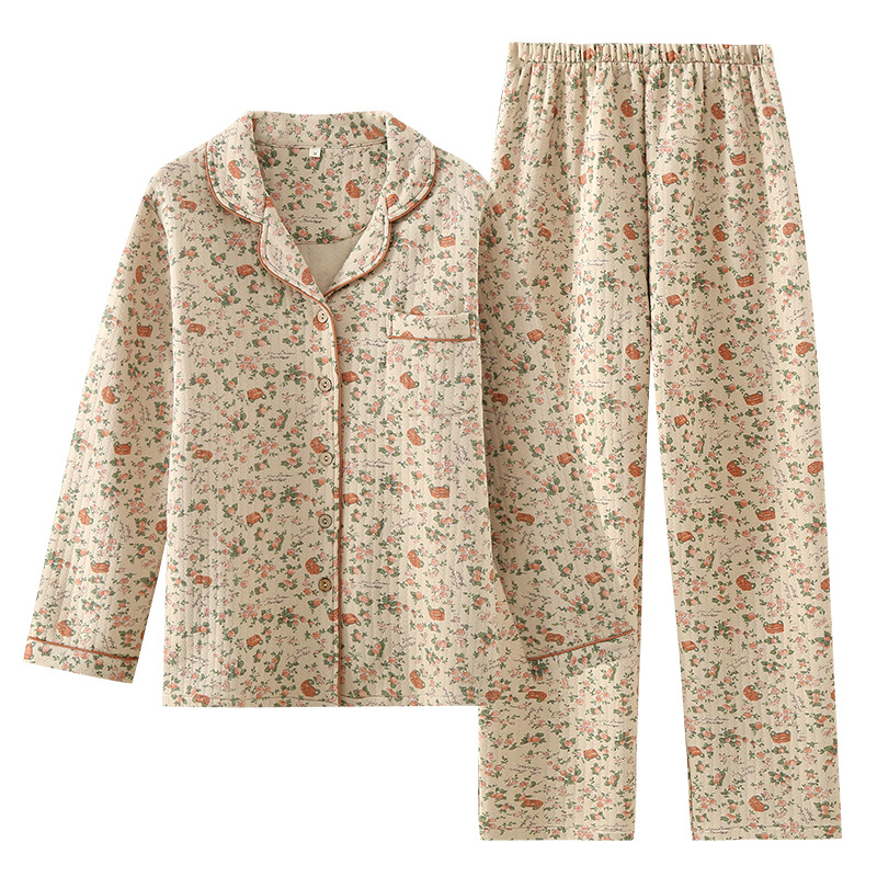 Pijamas acolchados Otoño e Invierno de las mujeres la solapa manga larga retro pijamas sueltos desgaste del hogar se puede usar fuera estilo japonés