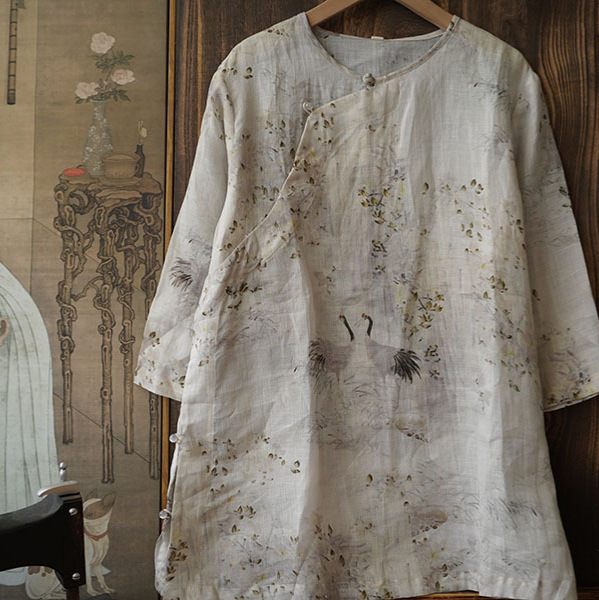 Summer New Artistic Retro Ramie Digital Printing Round Neck Slant Placket Full Side Open One Button Shirt 085001