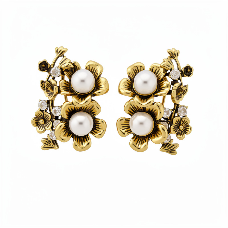 Medieval vintage aguja de plata con flores de diamantes perlas pendientes de perlas temperamento retro pendientes ligeros de lujo de alta calidad pendientes para mujeres image 6