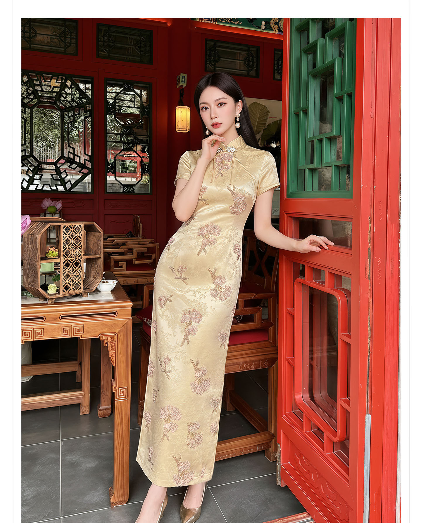 Đầm maxi nữ thêu ren hoa cổ trụ cài khuy, phong cách tân cổ điển — màu vàng chi tiết 7