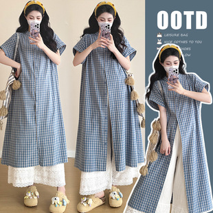 Real Shot in stock Summer New Cotton Linen Loose Long Plaid Shirt Lace Wide Leg Pants