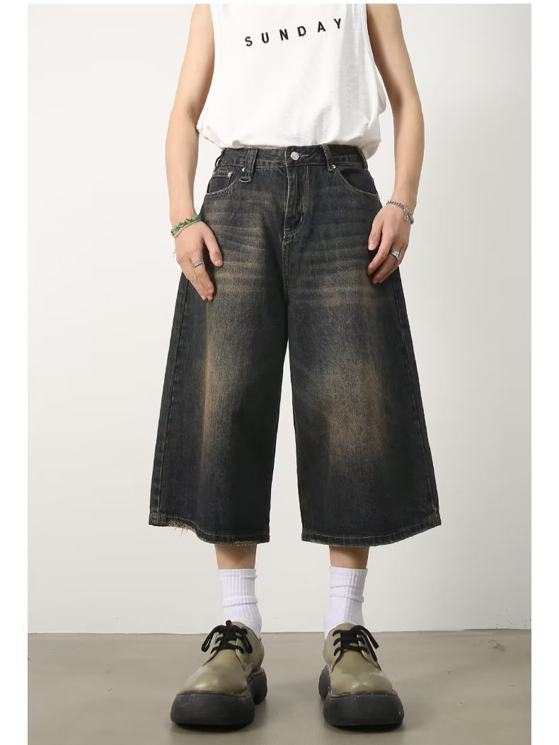 阔腿7分牛仔裤夏季宽松廓形水洗复古做旧七分直筒美式牛仔短裤男