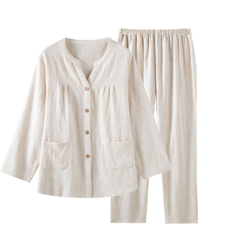 Cotton and Linen Beige Cardigan Pajamas Set for Women, Thin Long-Sleeved Pants for All Seasons, Simple and Casual, Can Be Worn Outside as Home Clothes Cotton and Linen Beige Cardigan Pajamas Set for Women, Thin Long-Sleeved Pants for All Seasons, Simple and Casual, Can Be Worn Outside as Home Clothes