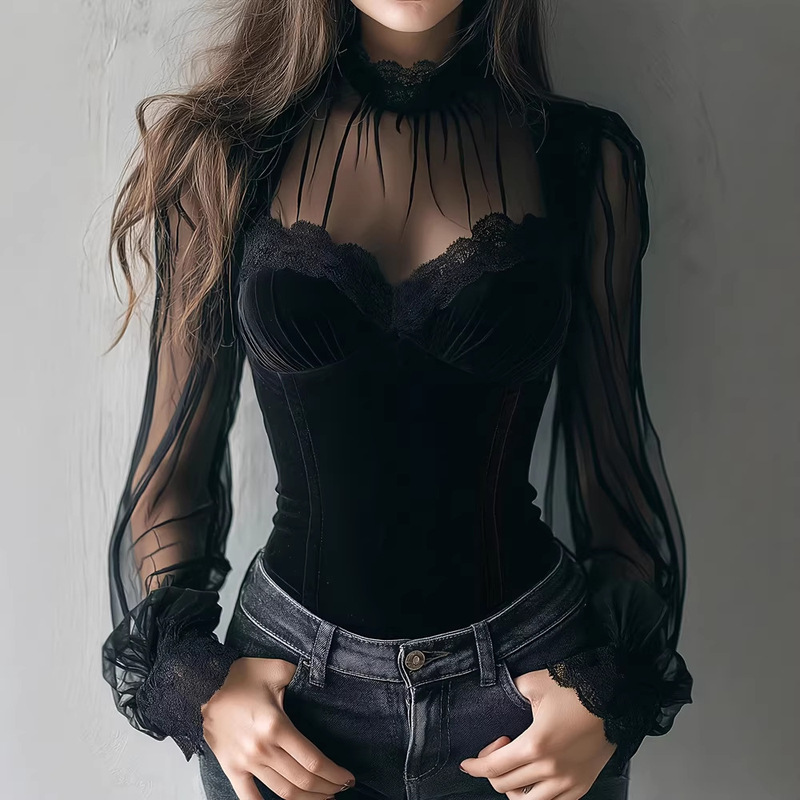 Independent Brand 2026 Spring and Autumn New Cross-Border Elegant Mesh Patchwork Hollow-Out Bell Sleeve Tie-Waist Top