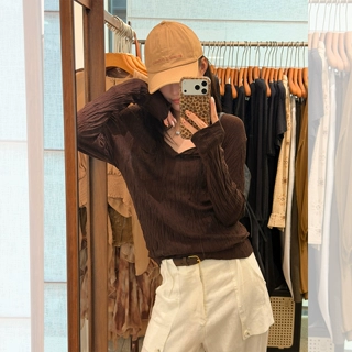 老钱风穿搭咖色V领针织打底衫女早秋季高智淡人风内搭肌理感上衣