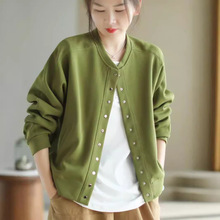 古咖服饰秋季新款针织棉短外套女简约棒球服纯色显瘦通勤开衫上衣