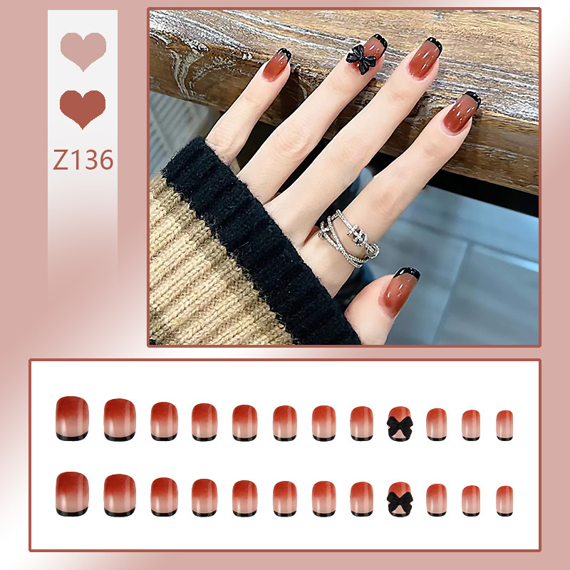 ins风焦糖色穿戴甲批发美甲贴片成品蝴蝶结法式美甲指甲片甲片