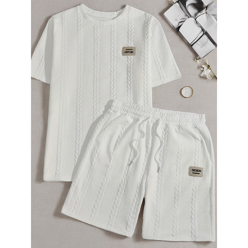 Cross-Border Men's Comfortable 2-Piece Knit Set with Wheat Ear Pattern Shorts, Standard Us Size with English Wash Label