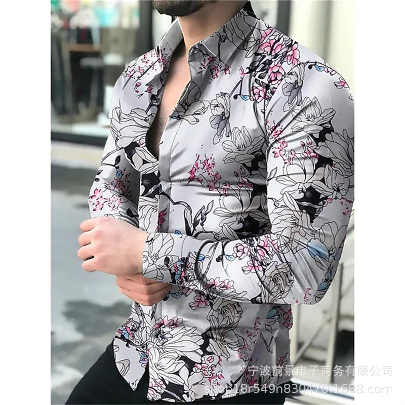 2025wish AliExpress 新しいメンズ 3D デジタルプリント長袖シャツ春メンズラペルスリムトップ|undefined