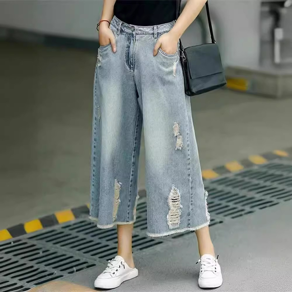 Petite Straight-Leg Jeans for Women, Light-Colored American Style, Loose Fit, Plus Size, Summer Thin High-Waisted Ripped Wide-Leg Cropped Pants