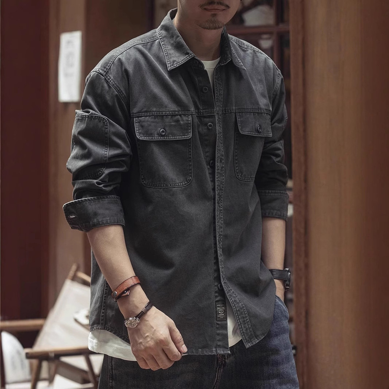 American Retro Workwear Men's Long-Sleeved Shirt Jacket Trendy Brand Jacket Spring Style Loose Casual Versatile Shirt for Men American Retro Workwear Men's Long-Sleeved Shirt Jacket Trendy Brand Jacket Spring Style Loose Casual Versatile Shirt for Men