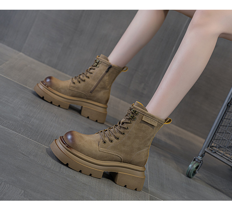 Giày boot Martin da đế dày cổ ngắn mũi rộng phong cách retro — M2633 màu vàng một lớp lót trong, M2633-1 vàng lót nhung, M2633-1 kaki lót nhung, M2633 kaki một lớp bên trong chi tiết 17