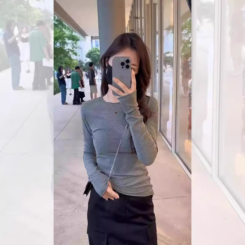 韩系蓝色针织长袖上衣女2025年早秋穿搭小个子修身显瘦内搭打底衫|undefined