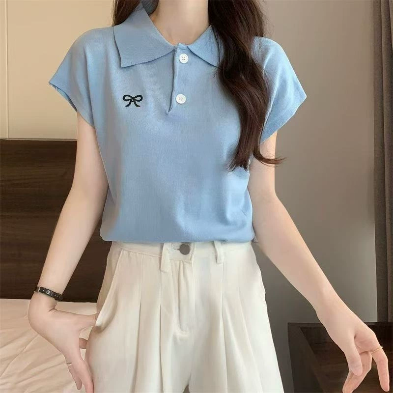 Летняя модная корейская стильная футболка-поло без рукавов с вышитым бантом для женщин